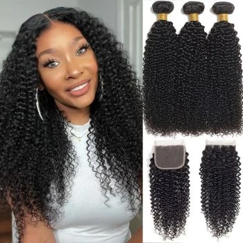 Curly Human Hair Bundles with Closure Virgin Hair 3 Bundles with 4x4 Lace Closure