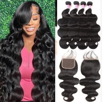 4 Bundles Body Wave Virgin Human Hair Weave with 4x4 Lace Closure