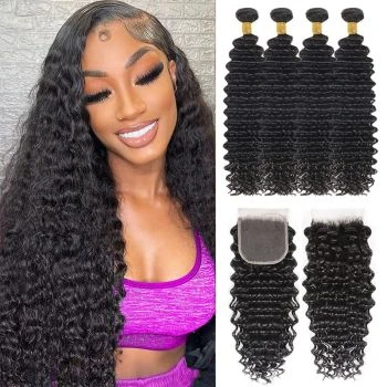 Deep Wave 4 Bundles with Closure 100% Unprocessed Human Hair with 4x4 Lace Closure