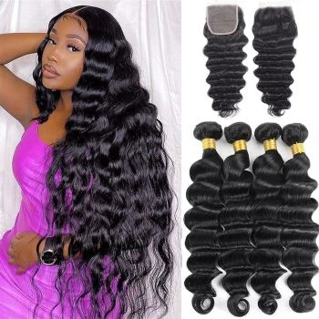 4 Bundles Loose Deep Wave Human Hair Extensions with 4x4 Lace Closure