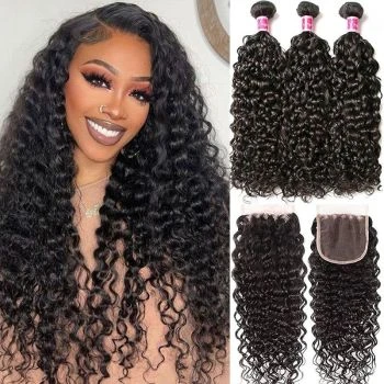 3 Bundles Water Wave Virgin Human Hair with 4x4 Lace Closure